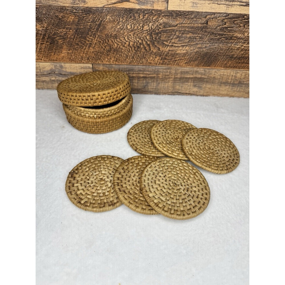 Boho Wicker Rattan Set of 6 Coasters with Storage Container New Home